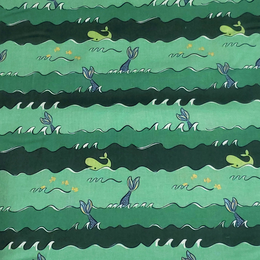 100% Cotton Woven Fabric, Mermaids Ocean's Green by Riley Blake Designs. Fun Mermaid Tail fabric, Sold by the 1/2 Yard