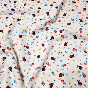 Double Brushed Poly, DBP Knit Fabric, Little Red Ladybug Floral Print on White, Very Cute and So Soft and Comfortable, Sold by the 1/2 yard