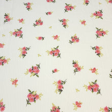 Load image into Gallery viewer, Ribbed Knit Fabric: 4x2 Rib Knit . Cute Ivory with Petite and Pretty Pink Flowers with Green Leaves. 4-Way Stretch, Sold by the 1/2 yard
