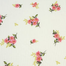 Load image into Gallery viewer, Ribbed Knit Fabric: 4x2 Rib Knit . Cute Ivory with Petite and Pretty Pink Flowers with Green Leaves. 4-Way Stretch, Sold by the 1/2 yard
