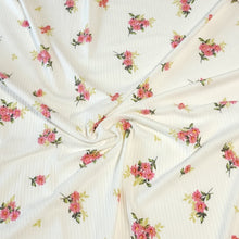 Load image into Gallery viewer, Ribbed Knit Fabric: 4x2 Rib Knit . Cute Ivory with Petite and Pretty Pink Flowers with Green Leaves. 4-Way Stretch, Sold by the 1/2 yard
