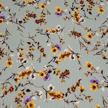 Load image into Gallery viewer, Ribbed Knit Fabric: Pretty 4x2 Rib Knit Mint with Purple, Yellow, White Floral. Great for any Season. 4-Way Stretch, Sold by the 1/2 yard
