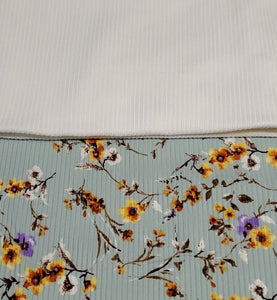 Ribbed Knit Fabric: Pretty 4x2 Rib Knit Mint with Purple, Yellow, White Floral. Great for any Season. 4-Way Stretch, Sold by the 1/2 yard