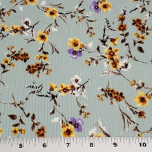 Load image into Gallery viewer, Ribbed Knit Fabric: Pretty 4x2 Rib Knit Mint with Purple, Yellow, White Floral. Great for any Season. 4-Way Stretch, Sold by the 1/2 yard
