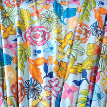 Load image into Gallery viewer, Poly Spandex Stretch Knit Fabric, Beautiful Vibrant Tropical Color Floral Print, 4-Way Stretch and has a Nice Drape, Sold By The 1/2 Yard
