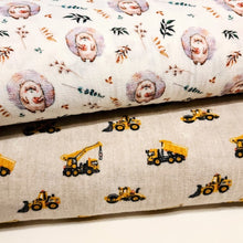 Load image into Gallery viewer, Cotton Double Gauze Muslin Fabric. Cute Hedgehog or Construction Trucks. Soft Fabric and Nice Quality European Fabric. Sold by the 1/2 yard.
