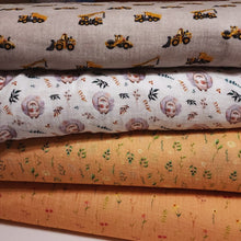 Load image into Gallery viewer, Cotton Double Gauze Muslin Fabric. Cute Hedgehog or Construction Trucks. Soft Fabric and Nice Quality European Fabric. Sold by the 1/2 yard.
