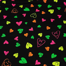 Load image into Gallery viewer, Heart Fabric Neon Smiley Face Cotton Spandex Jersey Knit Fabric from Europe.  4-way stretch Fabric, Sold by the 1/2 yard.
