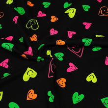 Load image into Gallery viewer, Heart Fabric Neon Smiley Face Cotton Spandex Jersey Knit Fabric from Europe.  4-way stretch Fabric, Sold by the 1/2 yard.
