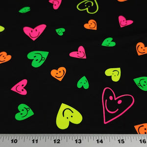 Heart Fabric Neon Smiley Face Cotton Spandex Jersey Knit Fabric from Europe.  4-way stretch Fabric, Sold by the 1/2 yard.