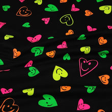 Load image into Gallery viewer, Heart Fabric Neon Smiley Face Cotton Spandex Jersey Knit Fabric from Europe.  4-way stretch Fabric, Sold by the 1/2 yard.
