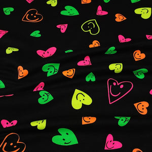 Heart Fabric Neon Smiley Face Cotton Spandex Jersey Knit Fabric from Europe.  4-way stretch Fabric, Sold by the 1/2 yard.