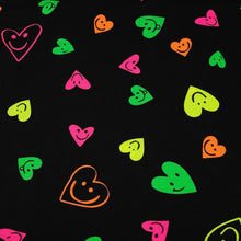 Load image into Gallery viewer, Heart Fabric Neon Smiley Face Cotton Spandex Jersey Knit Fabric from Europe.  4-way stretch Fabric, Sold by the 1/2 yard.
