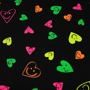 Heart Fabric Neon Smiley Face Cotton Spandex Jersey Knit Fabric from Europe.  4-way stretch Fabric, Sold by the 1/2 yard.