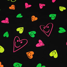 Load image into Gallery viewer, Heart Fabric Neon Smiley Face Cotton Spandex Jersey Knit Fabric from Europe.  4-way stretch Fabric, Sold by the 1/2 yard.
