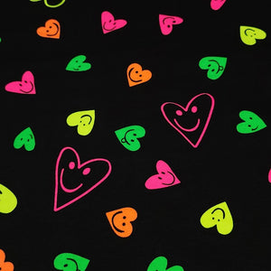 Heart Fabric Neon Smiley Face Cotton Spandex Jersey Knit Fabric from Europe.  4-way stretch Fabric, Sold by the 1/2 yard.