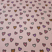 Load image into Gallery viewer, Heart Print Cotton Knit Fabric - Soft Pink Mauve Print - European Quality - 4 Way Stretch - Great for Apparel - Sold by the 1/2 Yard
