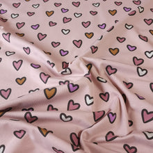 Load image into Gallery viewer, Heart Print Cotton Knit Fabric - Soft Pink Mauve Print - European Quality - 4 Way Stretch - Great for Apparel - Sold by the 1/2 Yard
