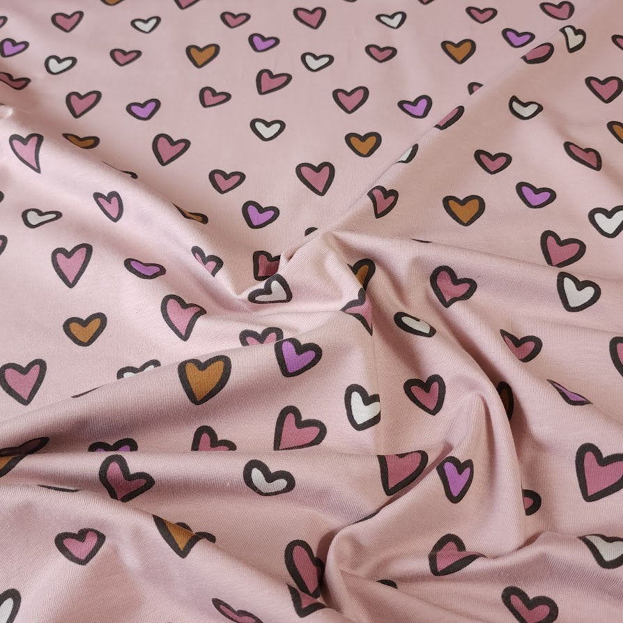 Heart Print Cotton Knit Fabric - Soft Pink Mauve Print - European Quality - 4 Way Stretch - Great for Apparel - Sold by the 1/2 Yard