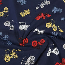 Load image into Gallery viewer, Farm Tractor Cotton Spandex Knit Fabric - European Quality - 4 Way Stretch - Perfect for Apparel -Sold by the 1/2 yard
