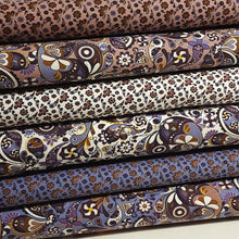 Load image into Gallery viewer, Cotton Knit Fabric Pretty Purple Brown Paisley Print for Apparel, European Quality, 4 Way Stretch Cotton Spandex- Sold by the 1/2 yard
