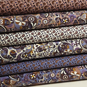 Cotton Knit Fabric Pretty Purple Brown Paisley Print for Apparel, European Quality, 4 Way Stretch Cotton Spandex- Sold by the 1/2 yard