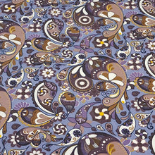 Load image into Gallery viewer, Cotton Knit Fabric Pretty Purple Brown Paisley Print for Apparel, European Quality, 4 Way Stretch Cotton Spandex- Sold by the 1/2 yard
