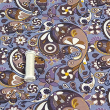 Load image into Gallery viewer, Cotton Knit Fabric Pretty Purple Brown Paisley Print for Apparel, European Quality, 4 Way Stretch Cotton Spandex- Sold by the 1/2 yard
