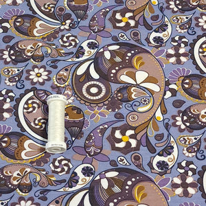 Cotton Knit Fabric Pretty Purple Brown Paisley Print for Apparel, European Quality, 4 Way Stretch Cotton Spandex- Sold by the 1/2 yard