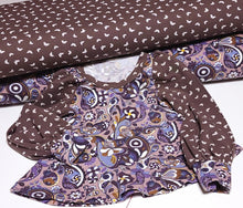 Load image into Gallery viewer, Cotton Knit Fabric Pretty Purple Brown Paisley Print for Apparel, European Quality, 4 Way Stretch Cotton Spandex- Sold by the 1/2 yard
