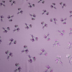 Cotton Knit Jersey Purple Lavender Flower with a Foil Glitter Floral Print - European Quality, 4 Way Stretch - Sold by the 1/2 Yard