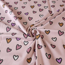 Load image into Gallery viewer, Heart Print Cotton Knit Fabric - Soft Pink Mauve Print - European Quality - 4 Way Stretch - Great for Apparel - Sold by the 1/2 Yard
