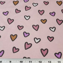 Load image into Gallery viewer, Heart Print Cotton Knit Fabric - Soft Pink Mauve Print - European Quality - 4 Way Stretch - Great for Apparel - Sold by the 1/2 Yard
