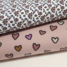 Load image into Gallery viewer, Heart Print Cotton Knit Fabric - Soft Pink Mauve Print - European Quality - 4 Way Stretch - Great for Apparel - Sold by the 1/2 Yard
