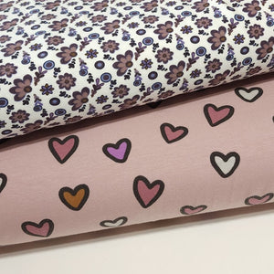 Heart Print Cotton Knit Fabric - Soft Pink Mauve Print - European Quality - 4 Way Stretch - Great for Apparel - Sold by the 1/2 Yard