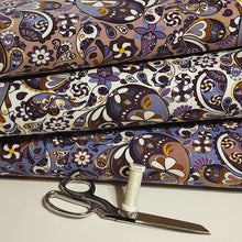 Load image into Gallery viewer, Cotton Knit Fabric Pretty Purple Brown Paisley Print for Apparel, European Quality, 4 Way Stretch Cotton Spandex- Sold by the 1/2 yard
