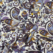 Load image into Gallery viewer, Cotton Knit Fabric Pretty Purple Brown Paisley Print for Apparel, European Quality, 4 Way Stretch Cotton Spandex- Sold by the 1/2 yard
