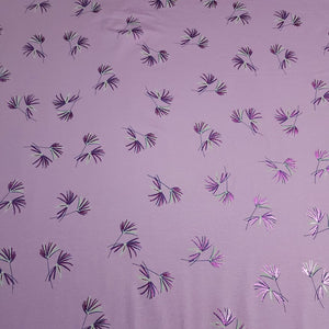 Cotton Knit Jersey Purple Lavender Flower with a Foil Glitter Floral Print - European Quality, 4 Way Stretch - Sold by the 1/2 Yard