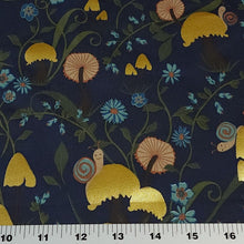 Load image into Gallery viewer, Cotton Knit Jersey Foil Mushroom and Blue Flower Floral Print - European Quality, Cute Apparel Fabric, 4 Way Stretch - Sold by the 1/2 Yard
