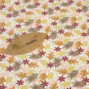 Organic Cotton Jersey Knit Berry and Beige Floral. European Quality Knit Fabric. Quality Soft Fabric, 4-way Stretch. Sold by the 1/2 yard.