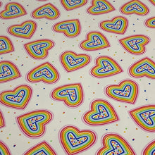 Load image into Gallery viewer, Rainbow Hearts Jersey Knit Fabric Perfect for Valentine&#39;s Day. Cotton Spandex 4 Way Stretch Knit - European Import - Sold By The 1/2 Yard
