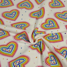 Load image into Gallery viewer, Rainbow Hearts Jersey Knit Fabric Perfect for Valentine&#39;s Day. Cotton Spandex 4 Way Stretch Knit - European Import - Sold By The 1/2 Yard
