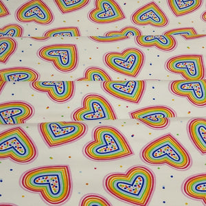 Rainbow Hearts Jersey Knit Fabric Perfect for Valentine's Day. Cotton Spandex 4 Way Stretch Knit - European Import - Sold By The 1/2 Yard