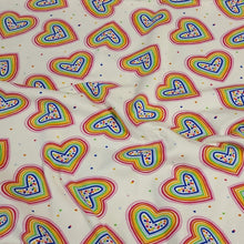 Load image into Gallery viewer, Rainbow Hearts Jersey Knit Fabric Perfect for Valentine&#39;s Day. Cotton Spandex 4 Way Stretch Knit - European Import - Sold By The 1/2 Yard
