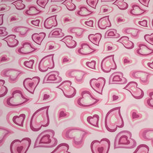 Load image into Gallery viewer, Pink Purple Heart Jersey Knit Fabric Perfect for Valentine&#39;s Day. Cotton Spandex 4 Way Stretch Knit - European Import - Sold By The 1/2 Yard
