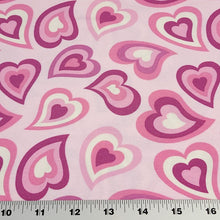 Load image into Gallery viewer, Pink Purple Heart Jersey Knit Fabric Perfect for Valentine&#39;s Day. Cotton Spandex 4 Way Stretch Knit - European Import - Sold By The 1/2 Yard
