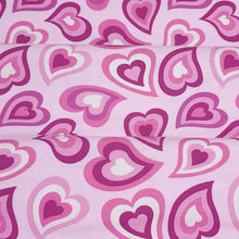 Load image into Gallery viewer, Pink Purple Heart Jersey Knit Fabric Perfect for Valentine&#39;s Day. Cotton Spandex 4 Way Stretch Knit - European Import - Sold By The 1/2 Yard
