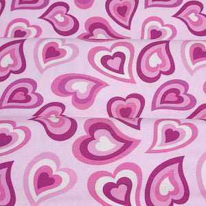 Pink Purple Heart Jersey Knit Fabric Perfect for Valentine's Day. Cotton Spandex 4 Way Stretch Knit - European Import - Sold By The 1/2 Yard