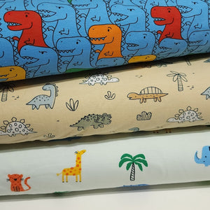 Dinosaur Cotton Spandex European Knit Fabric, Colorful T Rex Dino Fabric, Nice Quality Soft Fabric, 4-way Stretch. Sold by the 1/2 yard.