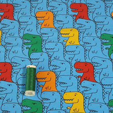 Load image into Gallery viewer, Dinosaur Cotton Spandex European Knit Fabric, Colorful T Rex Dino Fabric, Nice Quality Soft Fabric, 4-way Stretch. Sold by the 1/2 yard.
